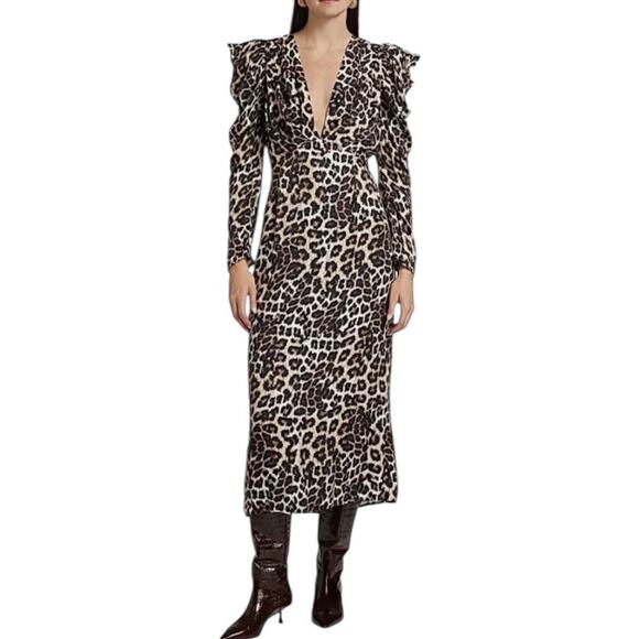FARM Rio Dresses & Skirts - NEW Farm Rio Leopard Print V-Neck Midi Dress Long Sleeve Empire Waist Size Large